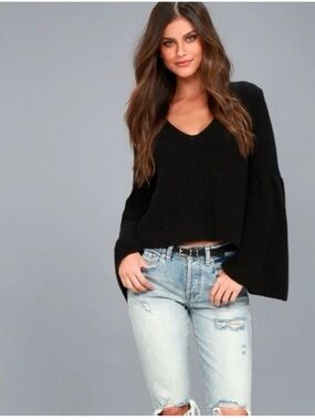 Free People Deep V Ribbed Pullover Sweater - Black